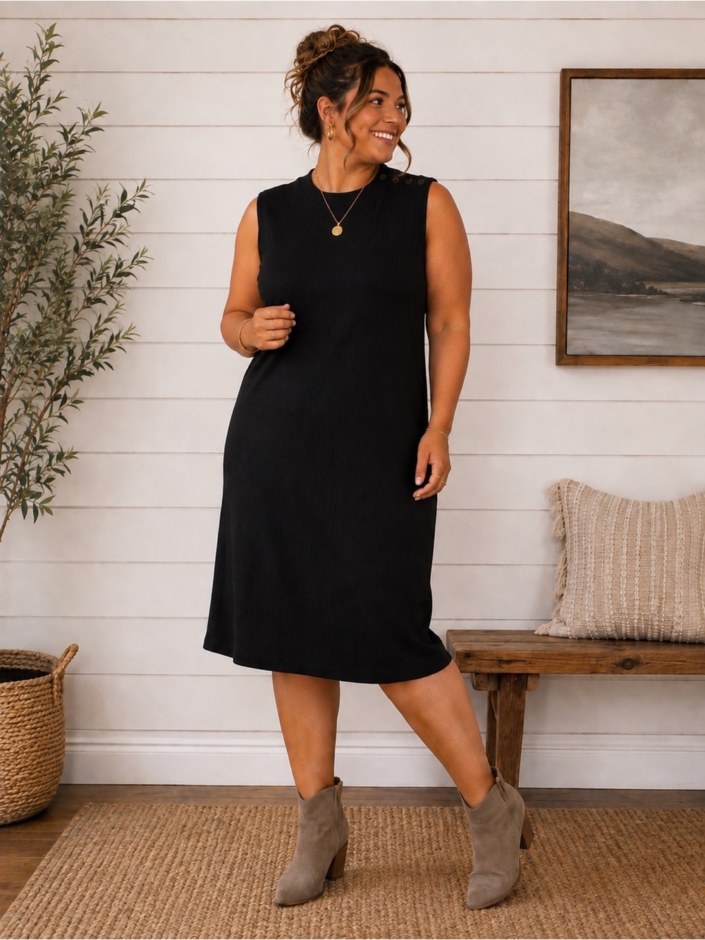 Time and Tru Black Ribbed Midi Dress L 12-14 Button Shoulder Sleeveless